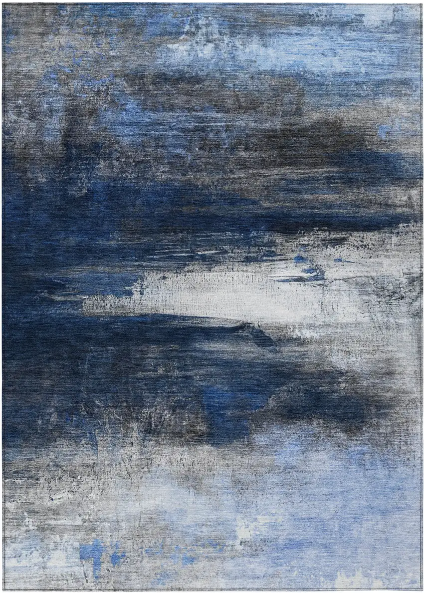 Navy Blue Charcoal And Ivory Abstract Washable Indoor Outdoor Area Rug Photo 8