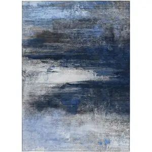 Photo of Navy Blue Charcoal And Ivory Abstract Washable Indoor Outdoor Area Rug