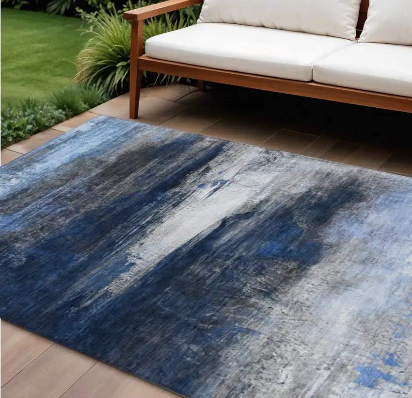 Navy Blue Charcoal And Ivory Abstract Washable Indoor Outdoor Area Rug Photo 2