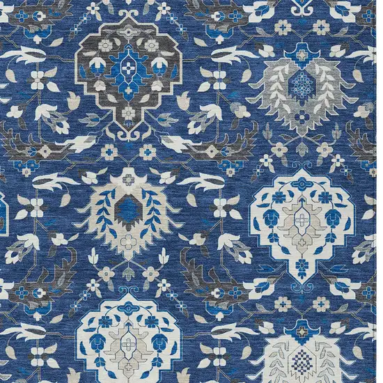 Navy Blue Charcoal And Ivory Damask Washable Indoor Outdoor Area Rug Photo 7
