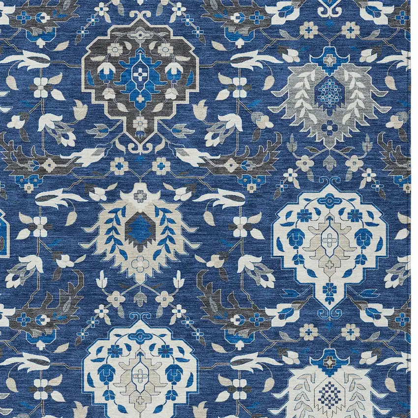Navy Blue Charcoal And Ivory Damask Washable Indoor Outdoor Area Rug Photo 7