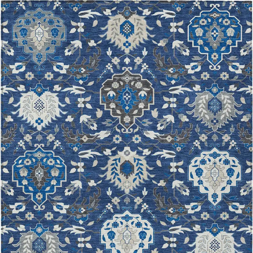 Navy Blue Charcoal And Ivory Damask Washable Indoor Outdoor Area Rug Photo 8