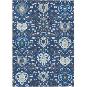 Photo of Navy Blue Charcoal And Ivory Damask Washable Indoor Outdoor Area Rug