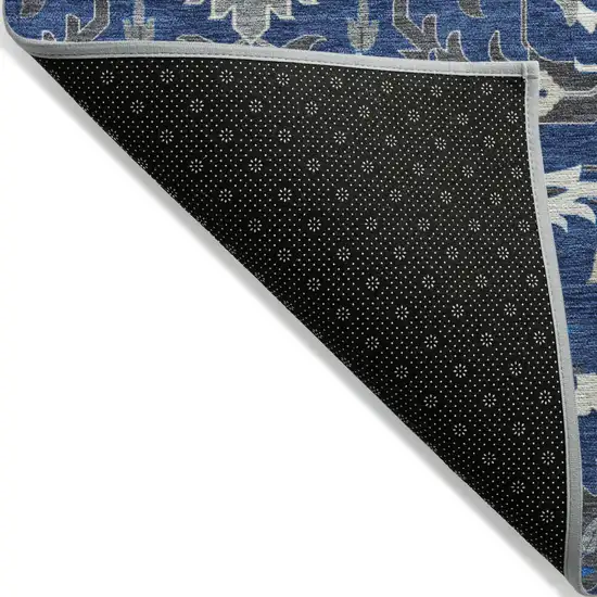 Navy Blue Charcoal And Ivory Damask Washable Indoor Outdoor Area Rug Photo 4