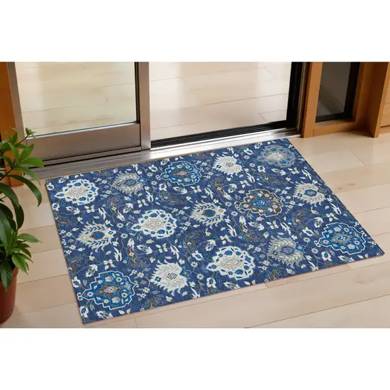 Navy Blue Charcoal And Ivory Damask Washable Indoor Outdoor Area Rug Photo 1