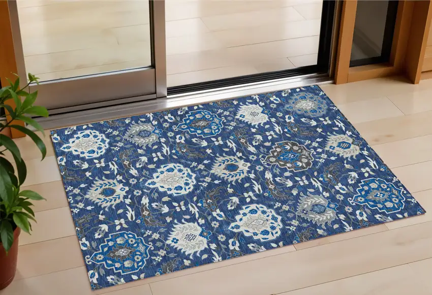 Navy Blue Charcoal And Ivory Damask Washable Indoor Outdoor Area Rug Photo 1