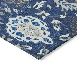 Photo of Navy Blue Charcoal And Ivory Damask Washable Indoor Outdoor Area Rug