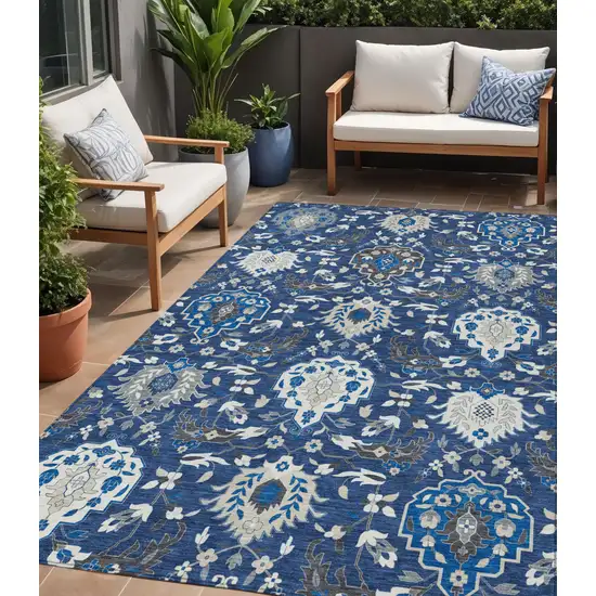 Navy Blue Charcoal And Ivory Damask Washable Indoor Outdoor Area Rug Photo 1