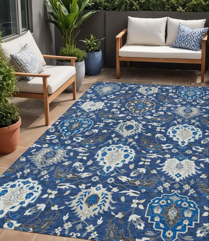 Navy Blue Charcoal And Ivory Damask Washable Indoor Outdoor Area Rug Photo 1