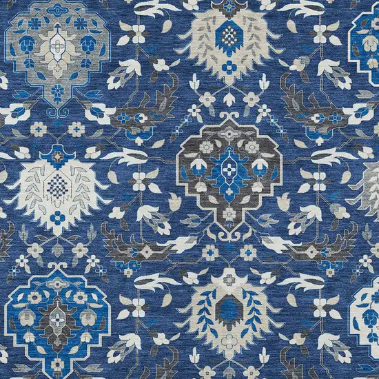 Navy Blue Charcoal And Ivory Damask Washable Indoor Outdoor Area Rug Photo 7