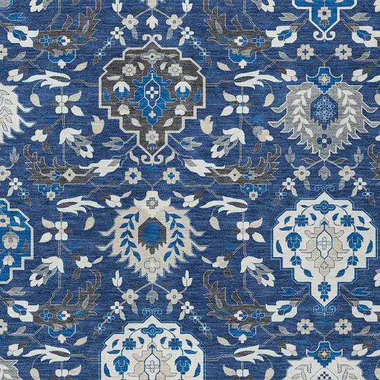 Navy Blue Charcoal And Ivory Damask Washable Indoor Outdoor Area Rug Photo 7