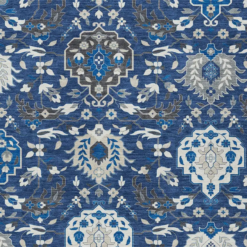 Navy Blue Charcoal And Ivory Damask Washable Indoor Outdoor Area Rug Photo 7