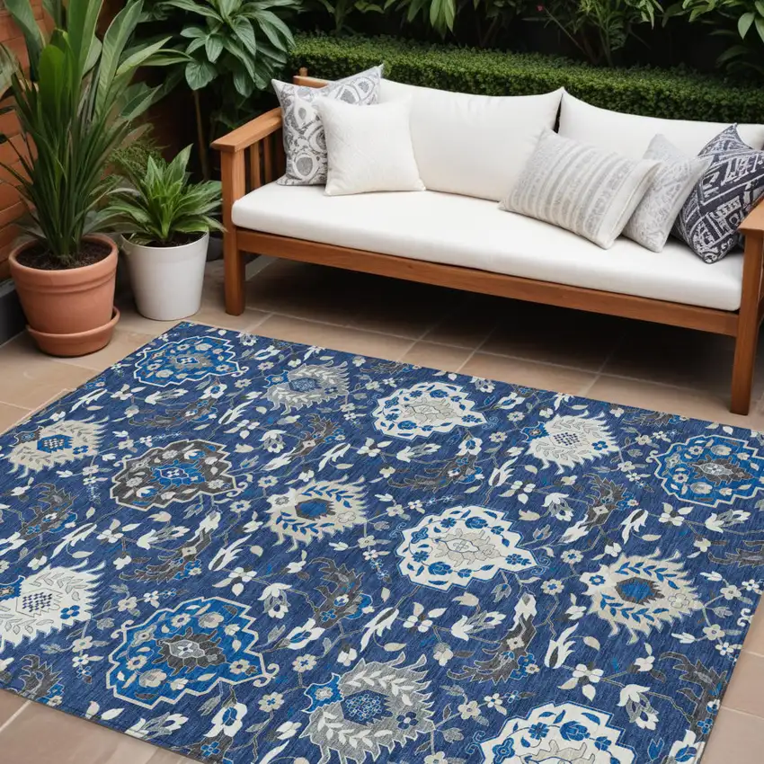 Navy Blue Charcoal And Ivory Damask Washable Indoor Outdoor Area Rug Photo 1