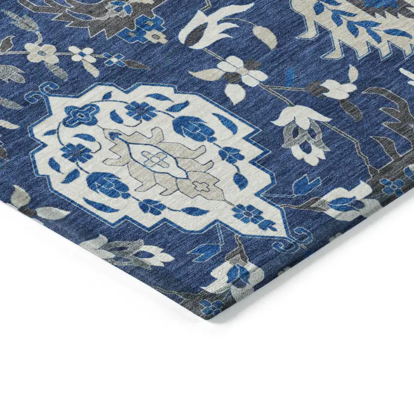 Navy Blue Charcoal And Ivory Damask Washable Indoor Outdoor Area Rug Photo 5