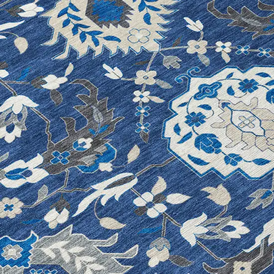 Navy Blue Charcoal And Ivory Damask Washable Indoor Outdoor Area Rug Photo 6