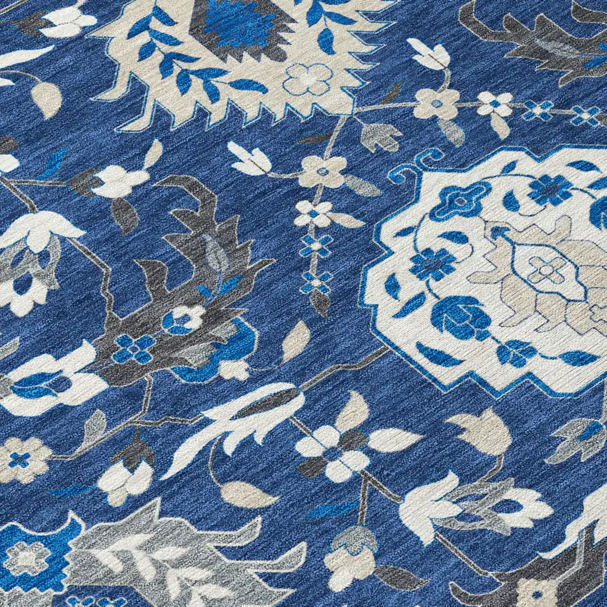 Navy Blue Charcoal And Ivory Damask Washable Indoor Outdoor Area Rug Photo 6