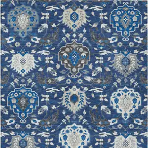 Photo of Navy Blue Charcoal And Ivory Damask Washable Indoor Outdoor Area Rug