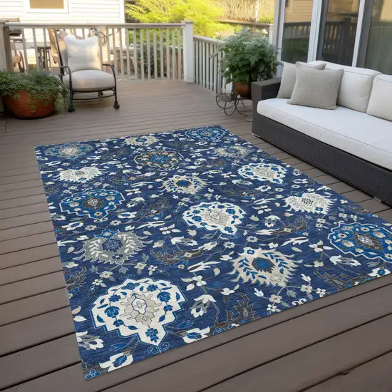 Navy Blue Charcoal And Ivory Damask Washable Indoor Outdoor Area Rug Photo 9