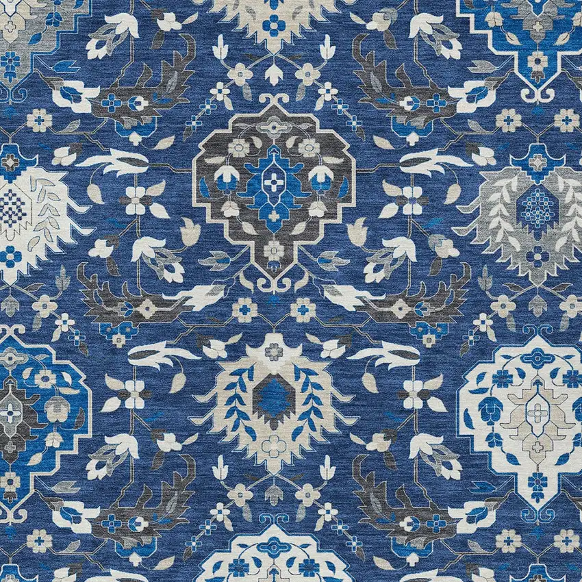 Navy Blue Charcoal And Ivory Damask Washable Indoor Outdoor Area Rug Photo 7