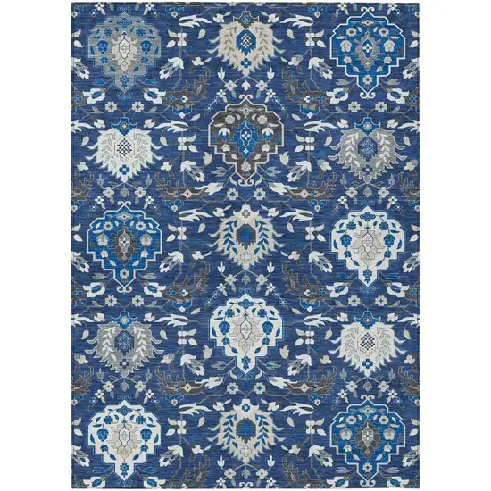Navy Blue Charcoal And Ivory Damask Washable Indoor Outdoor Area Rug Photo 2