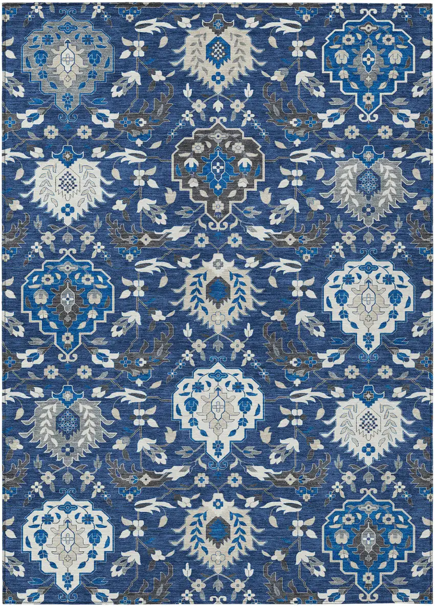 Navy Blue Charcoal And Ivory Damask Washable Indoor Outdoor Area Rug Photo 2