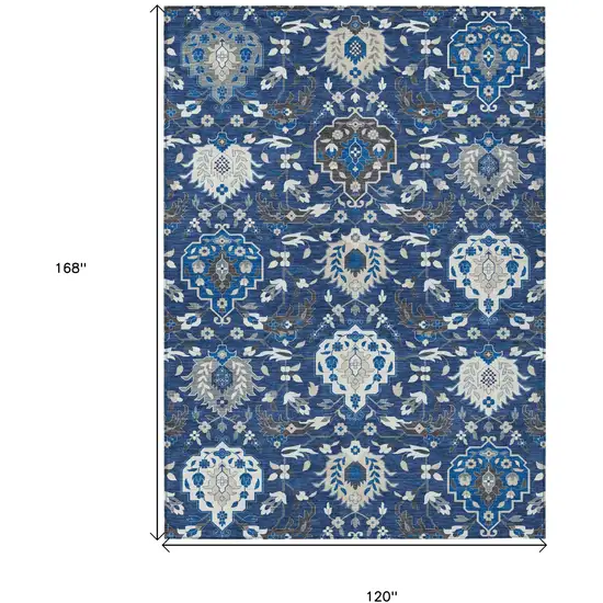 Navy Blue Charcoal And Ivory Damask Washable Indoor Outdoor Area Rug Photo 3