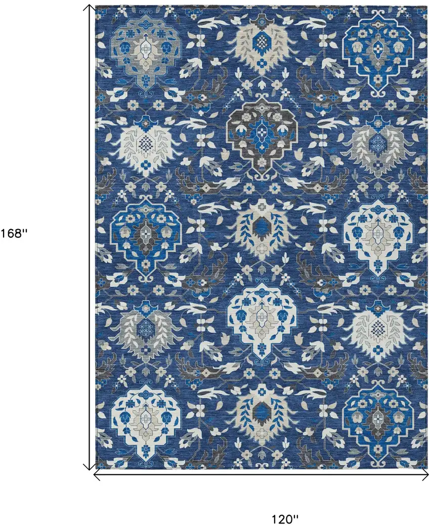 Navy Blue Charcoal And Ivory Damask Washable Indoor Outdoor Area Rug Photo 3