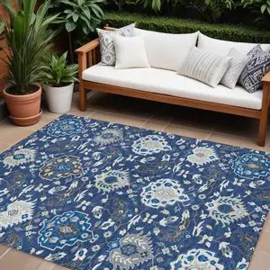 Photo of Navy Blue Charcoal And Ivory Damask Washable Indoor Outdoor Area Rug