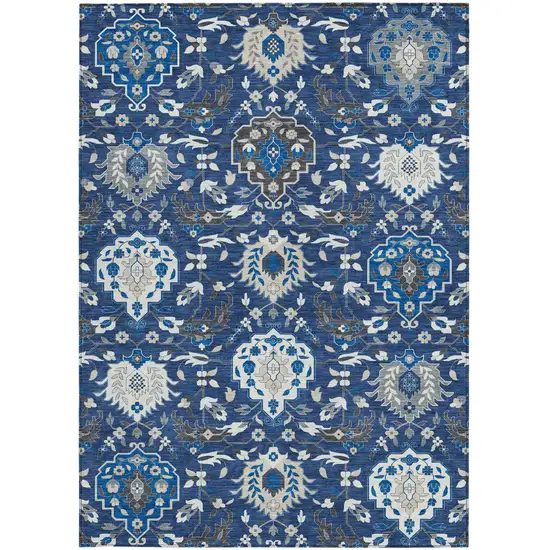 Navy Blue Charcoal And Ivory Damask Washable Indoor Outdoor Area Rug Photo 8