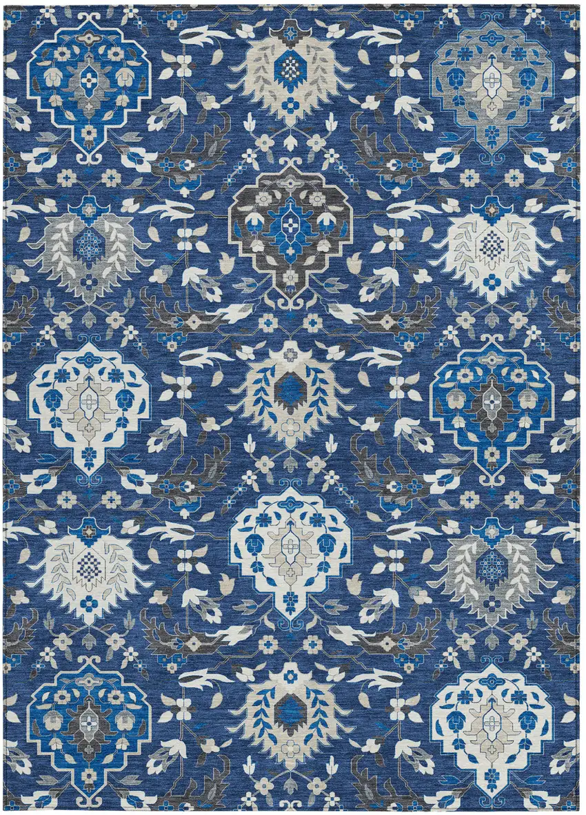 Navy Blue Charcoal And Ivory Damask Washable Indoor Outdoor Area Rug Photo 8