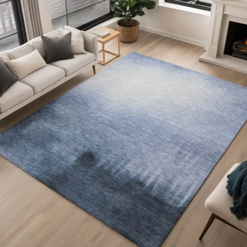 Navy Blue Charcoal And Sky Blue Abstract Washable Indoor Outdoor Area Rug Photo 3