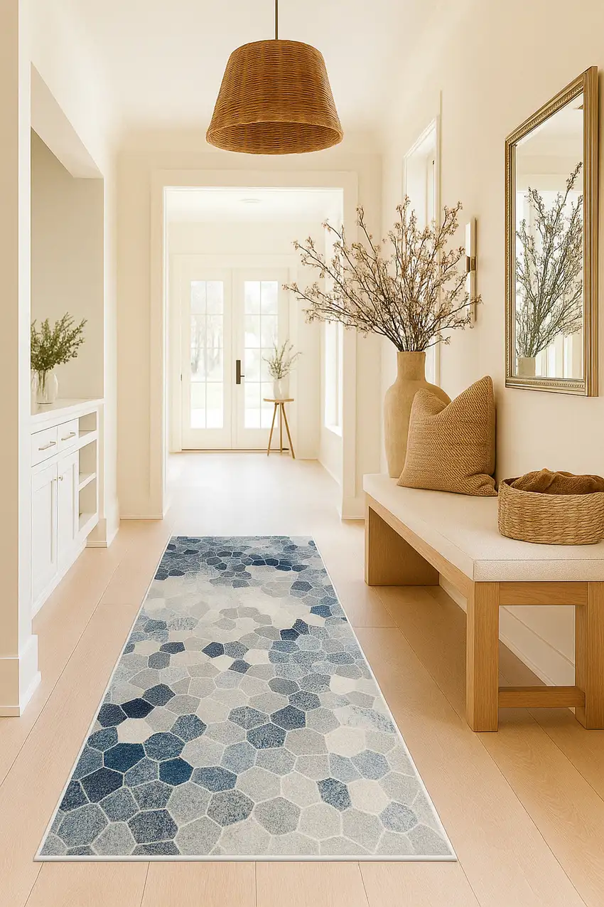 10' Blue and Ivory Geometric Cobblestone Runner Rug Photo 3