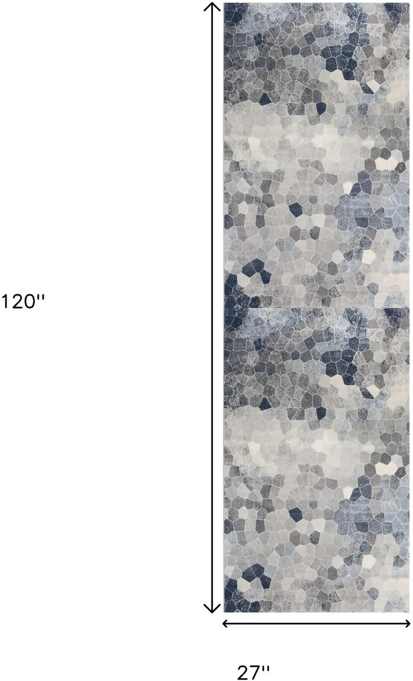10' Blue and Ivory Geometric Cobblestone Runner Rug Photo 6