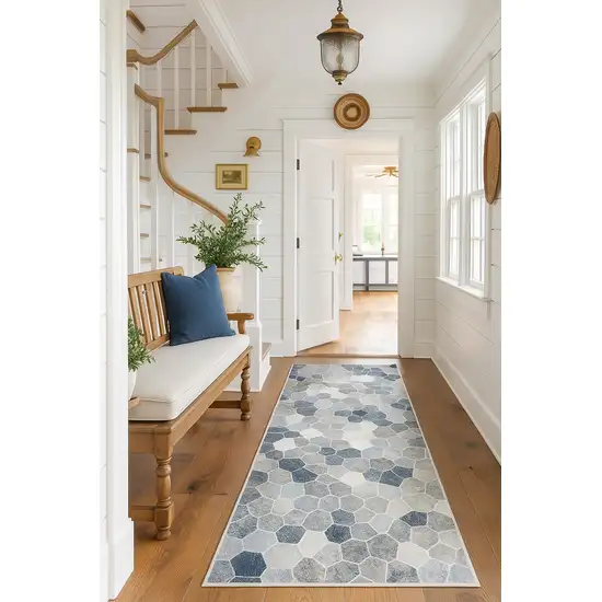10' Blue and Ivory Geometric Cobblestone Runner Rug Photo 5