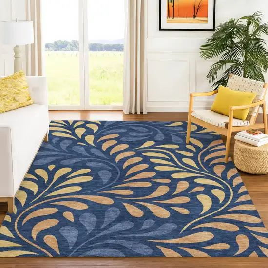 Navy Blue Copper And Gold Botanical Leaves Washable Indoor Outdoor Area Rug Photo 3