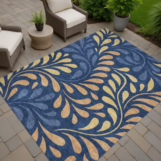 Navy Blue Copper And Gold Botanical Leaves Washable Indoor Outdoor Area Rug Photo 5