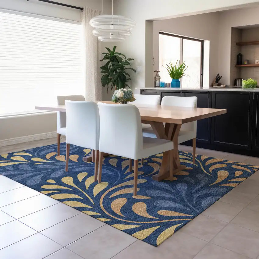Navy Blue Copper And Gold Botanical Leaves Washable Indoor Outdoor Area Rug Photo 4