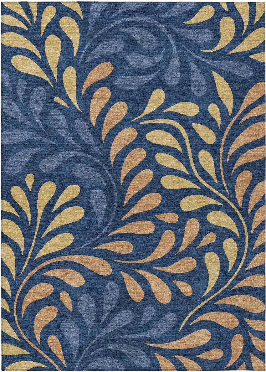Navy Blue Copper And Gold Botanical Leaves Washable Indoor Outdoor Area Rug Photo 7