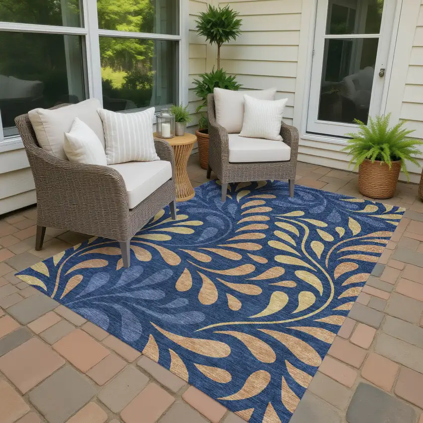 Navy Blue Copper And Gold Botanical Leaves Washable Indoor Outdoor Area Rug Photo 2