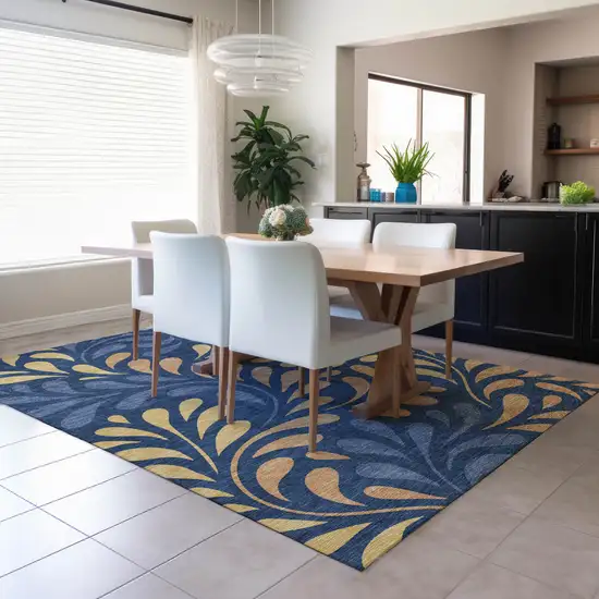 Navy Blue Copper And Gold Botanical Leaves Washable Indoor Outdoor Area Rug Photo 4