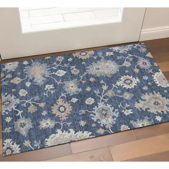 Navy Blue Copper And Gray Floral Washable Area Rug With UV Protection Photo 1