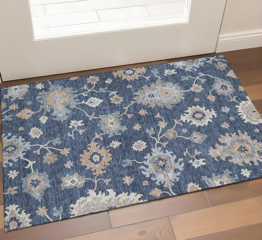 Navy Blue Copper And Gray Floral Washable Area Rug With UV Protection Photo 1