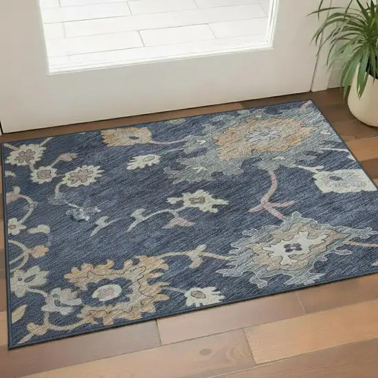 Navy Blue Copper And Gray Floral Washable Area Rug With UV Protection Photo 2