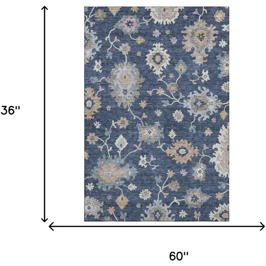 Navy Blue Copper And Gray Floral Washable Area Rug With UV Protection Photo 3