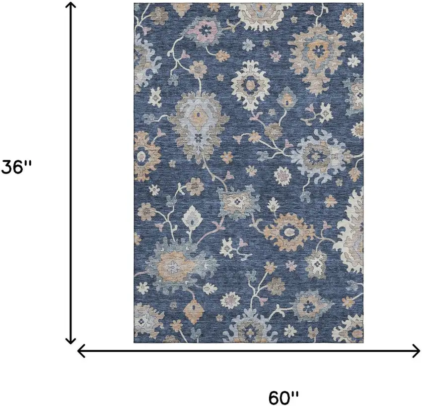 Navy Blue Copper And Gray Floral Washable Area Rug With UV Protection Photo 3