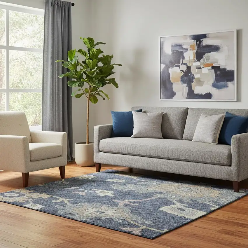 Navy Blue Copper And Gray Floral Washable Area Rug With UV Protection Photo 2