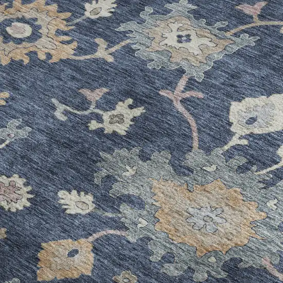 Navy Blue Copper And Gray Floral Washable Area Rug With UV Protection Photo 3