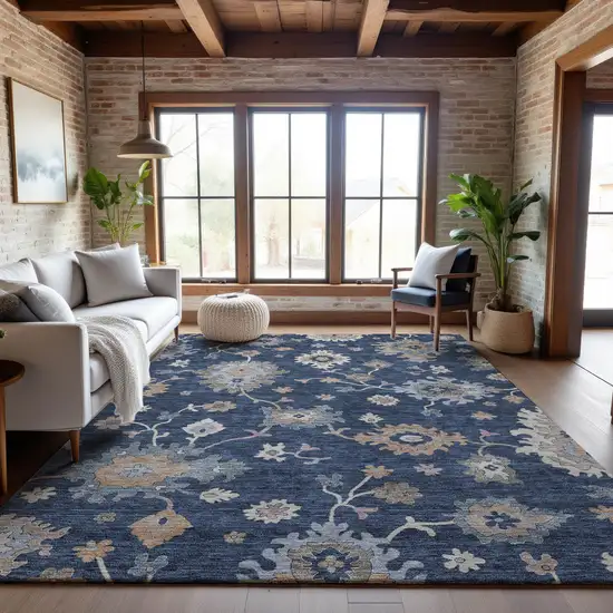 Navy Blue Copper And Gray Floral Washable Area Rug With UV Protection Photo 4