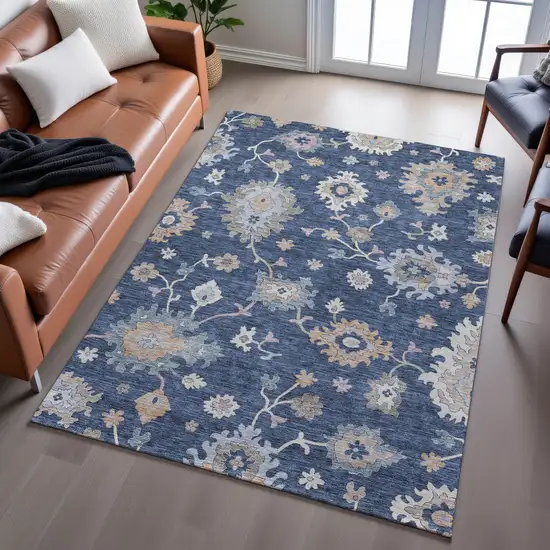Navy Blue Copper And Gray Floral Washable Area Rug With UV Protection Photo 4