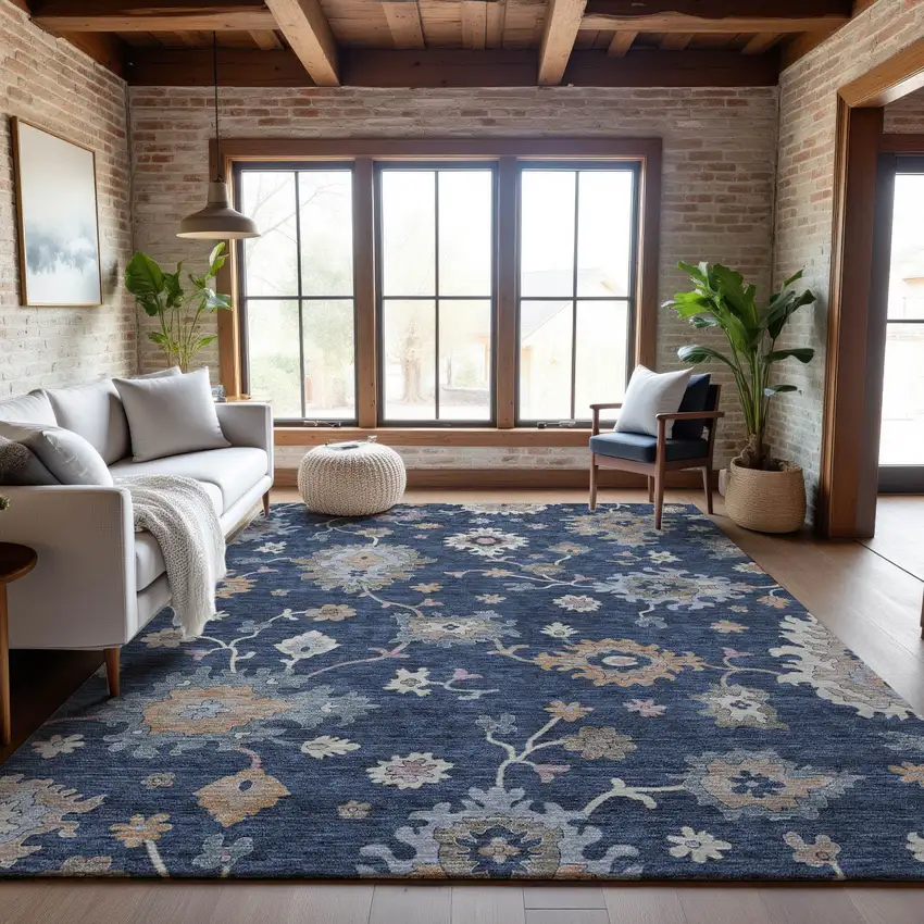 Navy Blue Copper And Gray Floral Washable Area Rug With UV Protection Photo 3